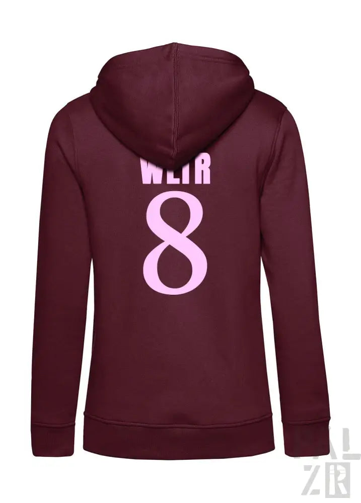 Bordeauxfarbene Kapuzenjacke mit pinker „8“ und „wlr“-Design auf dem Rücken, aus Kapuzenschweißstoff.