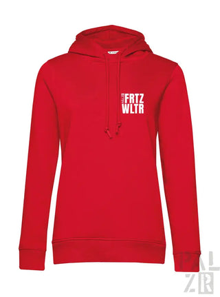 Roter Hoodie mit weißem Text ’fritz wltr’ und Kordelkapuze, wahrscheinlich aus Baumwolle oder Polyester-Mischung.