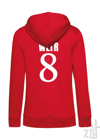 Roter Hoodie mit weißer Nummer 8 und Name ’weir’ auf dem Rücken, wahrscheinlich aus Baumwolle oder Polyester-Mischung gefertigt.