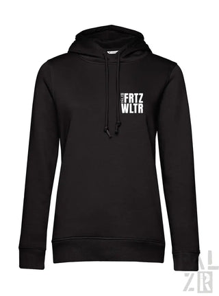 Schwarze Kapuzenjacke mit weißem Text-Design, Material aus Kapuzenschweißshirt.