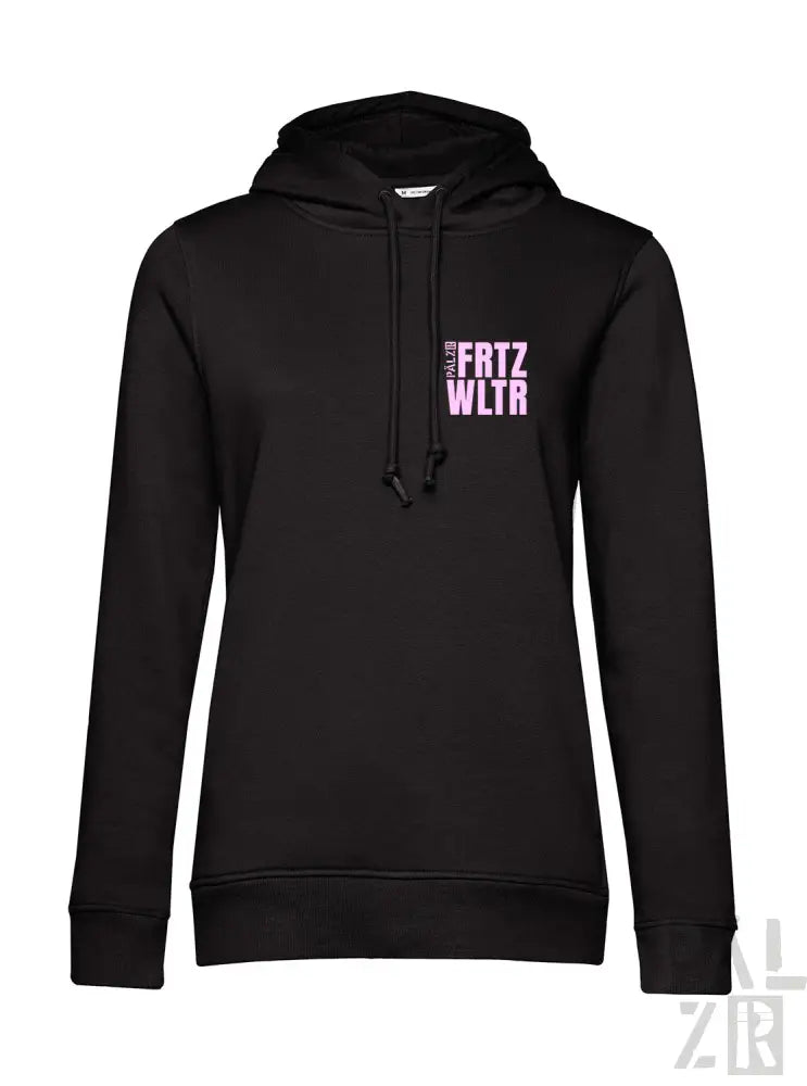Schwarzes Hoodie mit ’fritz wltr’-Text in Lila auf der Vorderseite.
