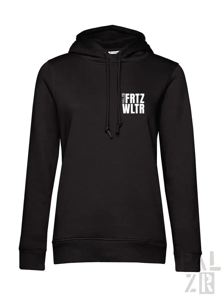 Schwarze Kapuzenjacke mit weißem Textdesign, Material aus Kapuzenschweißshirt.