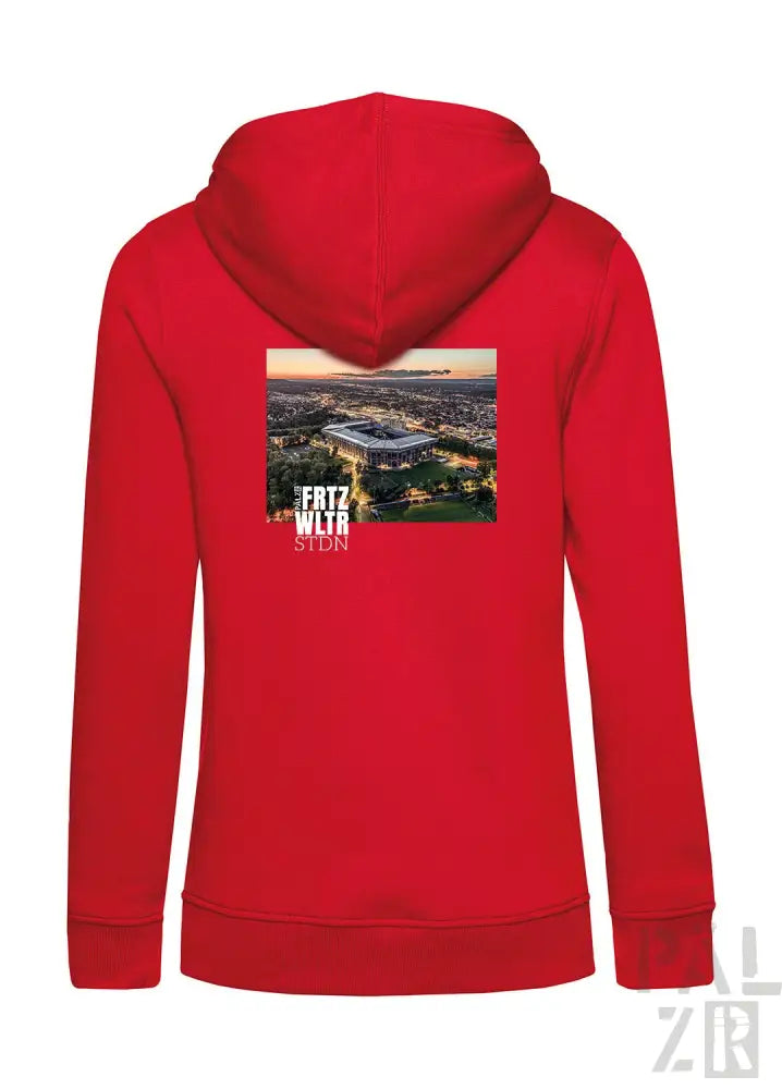 Rotes Hoodie mit Stadtbild-Design und Reißverschluss-Detail.