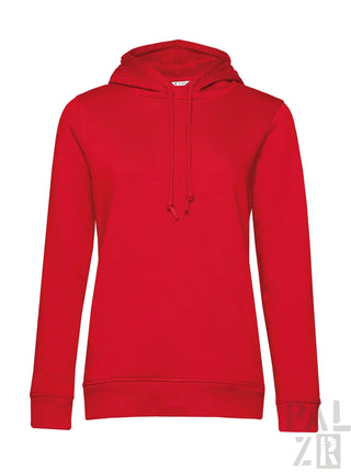 Rote Kapuzenjacke mit Kordelzug-Kapuze und Tasche, wahrscheinlich aus Baumwolle oder Polyester-Mischung gefertigt.