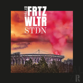 Stadion mit rotem und orangem Himmel, Metall-Dachstruktur.
