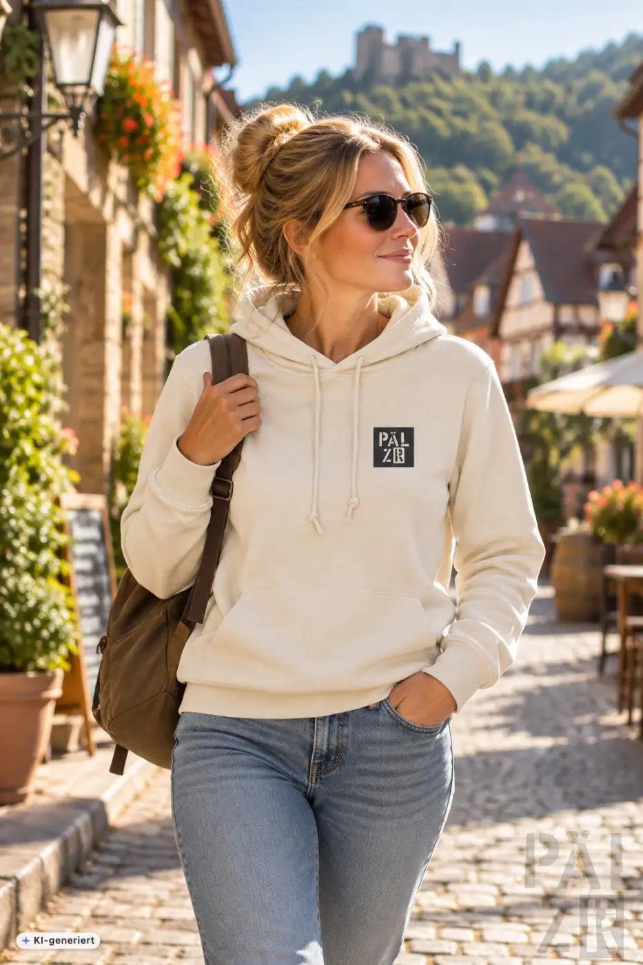 Creamfarbener baumwoll-hoodie frauen mit schwarzem logo-patch auf der linken brust herzlich pälzisch backprint