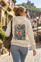 Frauen backprint hoodie in creme mit schwarzem und rotem pfalz grafikdesign und pastoraler motivik auf der rückseite