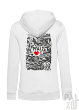 Weißer zip-hoodie für frauen mit schwarzem und rotem pfalz design auf der rückseite mit häusern bäumen und fässern