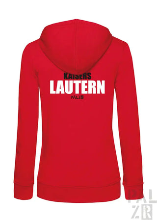 Rote Kapuzenjacke mit Reißverschluss und Textdesign ’kaisers lautern’.