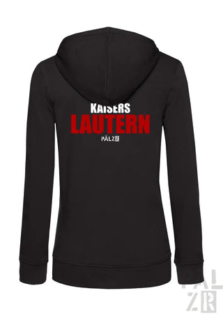 Schwarze Kapuzenjacke mit Reißverschluss und ’kaiserslautern’-Text in rot-weißem Design, palziii-Logo.