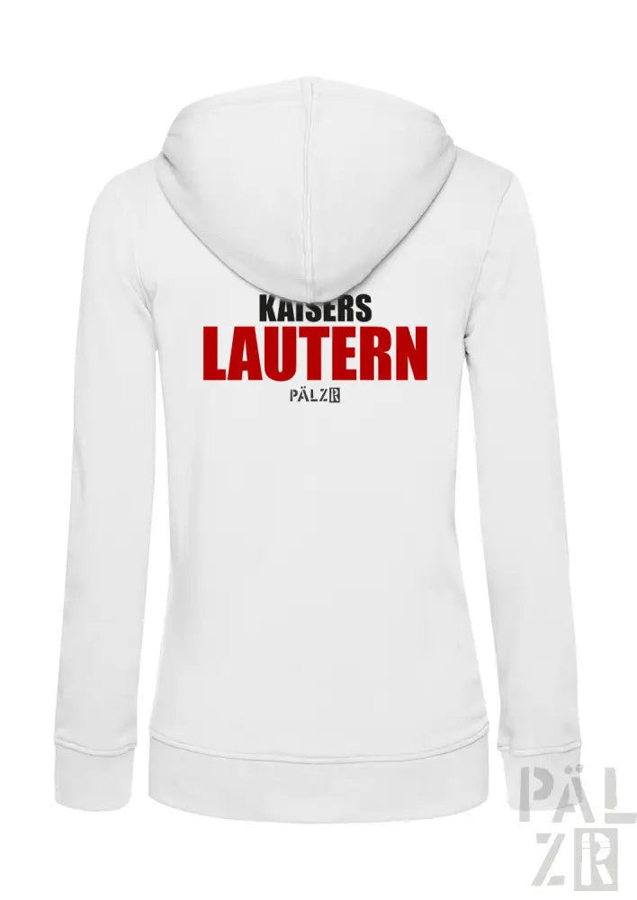Weiße Kapuzenjacke mit ’kaisers lautern’-Text in Rot und Schwarz, mit Kapuze.