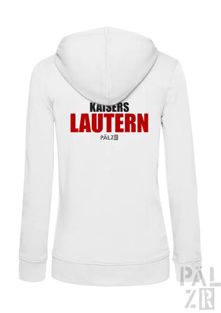 Weiße Kapuzenjacke mit ’kaisers lautern’-Text in Rot und Schwarz, mit Kapuze.