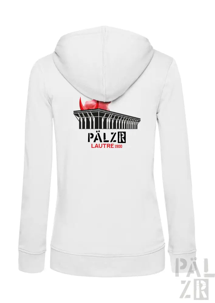 Weiße Hoodie mit schwarz-rotem Design mit flammenähnlichem Motiv.