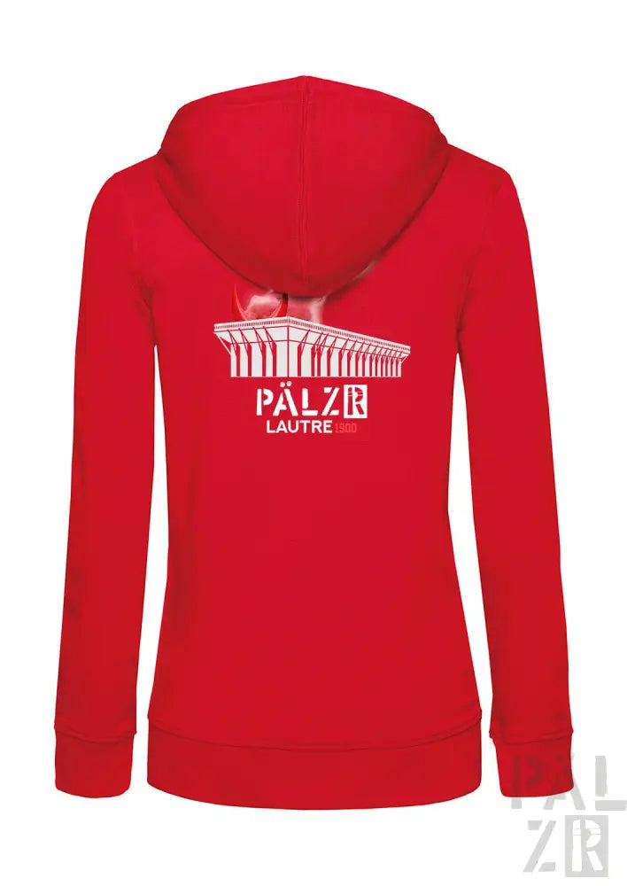 Roter Kapuzenpulli mit Reißverschluss und weißem Grafikdesign, das ein Gebäude und den Text ’palzb lautre’ auf der Vorderseite zeigt.