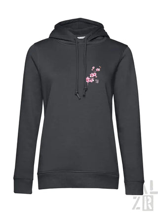 Kohle-graue Hoodie mit Kirschblüten-Design und Kordelkapuze.
