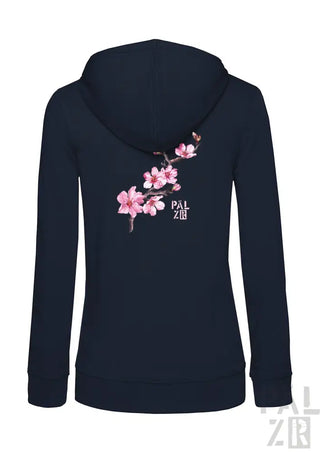 Marineblaue Kapuzenjacke mit rosa Kirschblüten-Design und ’pal zileri’-Branding.