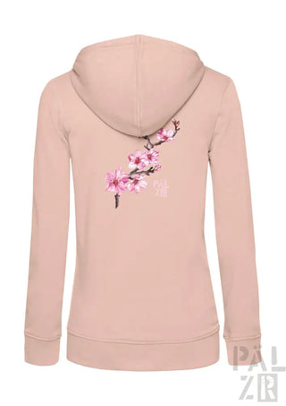 Hellrosa Hoodie mit Kirschblüten-Design auf dem Rücken, aus weichem Baumwollstoff.