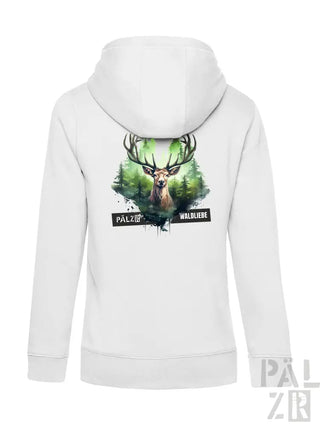 Weiße Kapuzenjacke mit Reißverschluss, Hirsch-Grafik und Text „palzer wildlife“ auf dem Rücken.