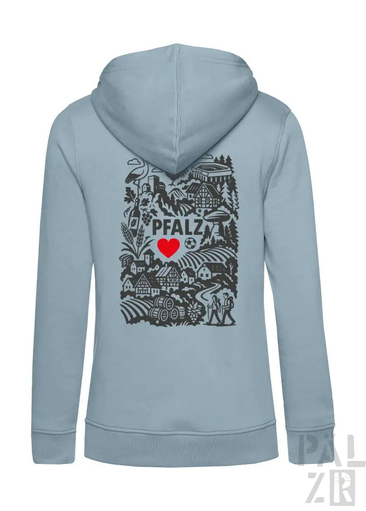 Hellblaues Kapuzen-Sweatshirt mit Reißverschluss und schwarz-rotem Design mit dem Text „pfalz“, Herzsymbol und verschiedenen Illustrationen.