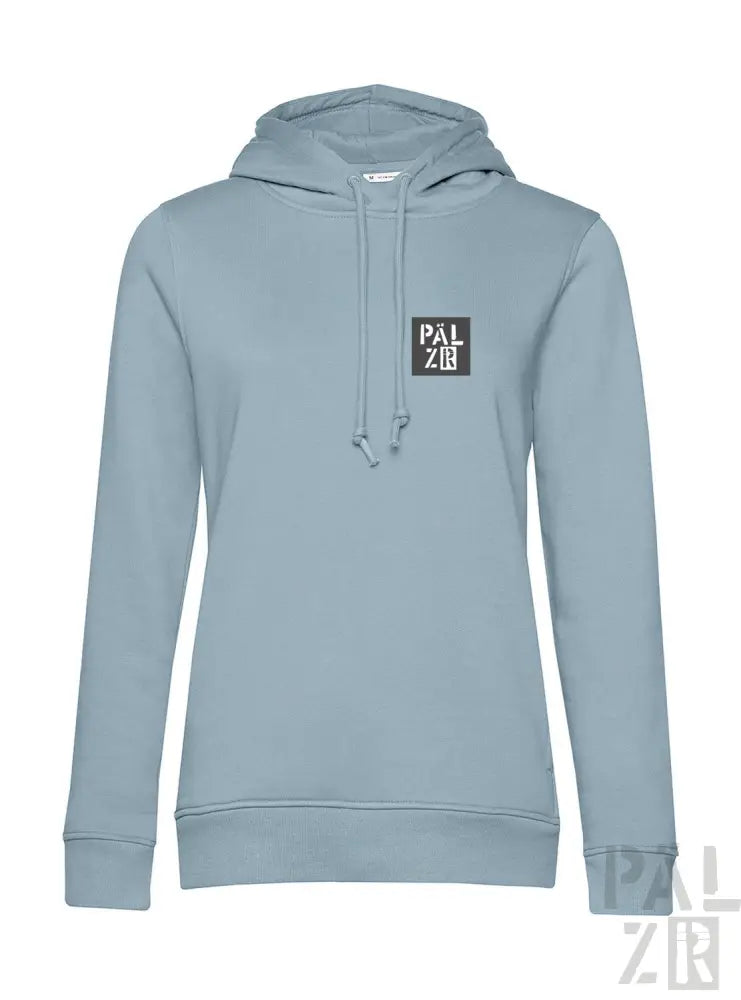 Hellblaues Hoodie mit ’palzie’-Logo auf der Brust, aus weichem Baumwollstoff.