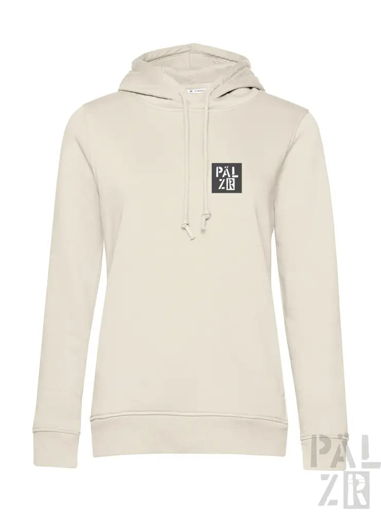 Creme-farbene Hoodie mit schwarzem quadratischem Logo und weißem Text ’palzib’ auf der Vorderseite, aus weichem Baumwollmaterial gefertigt.