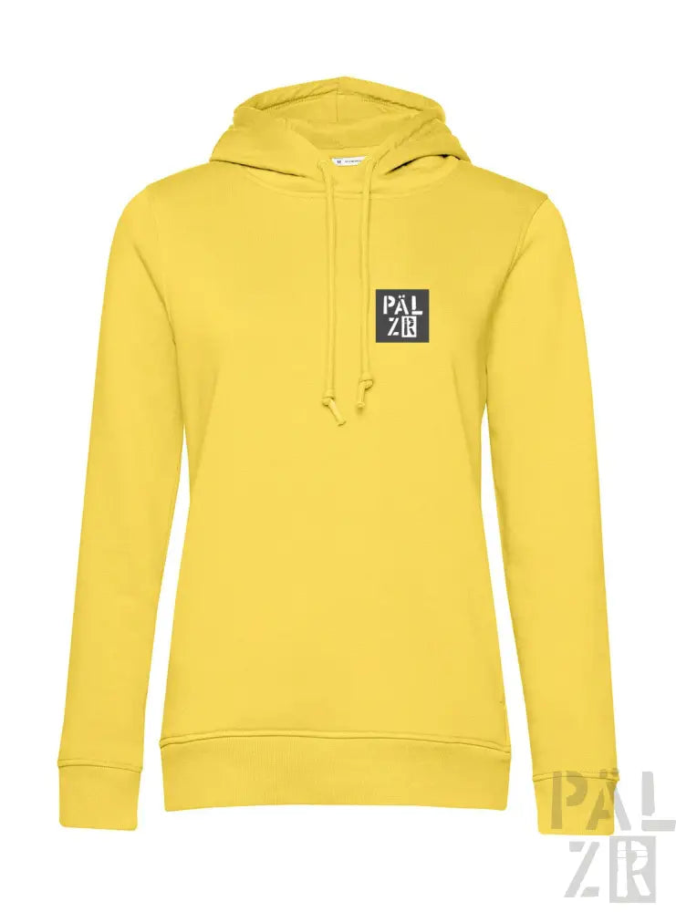 Gelbes Hoodie mit ’palzee’-Logo auf der Brust.