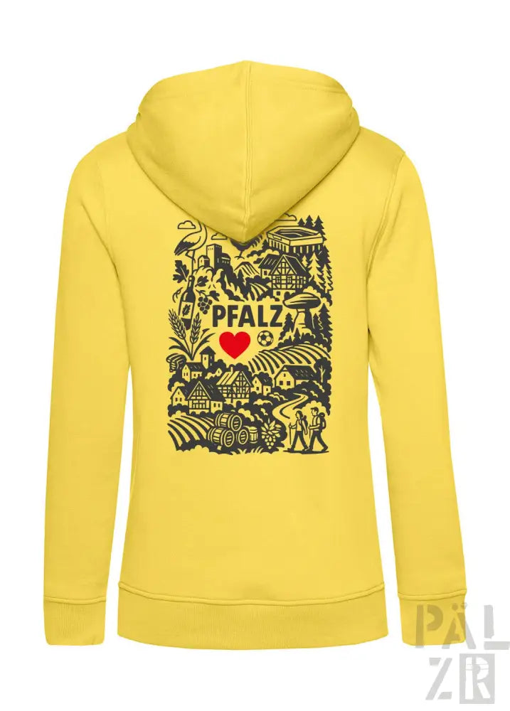 Gelbes Hoodie mit schwarz-roter Gestaltung mit dem Text „pfalz“.