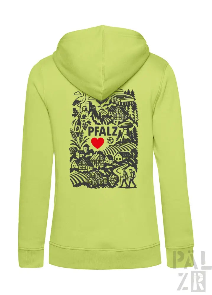Limetgrüner Hoodie mit schwarz-roter Gestaltung, die den Text „pfalz“, ein Herzsymbol und verschiedene Illustrationen zeigt.