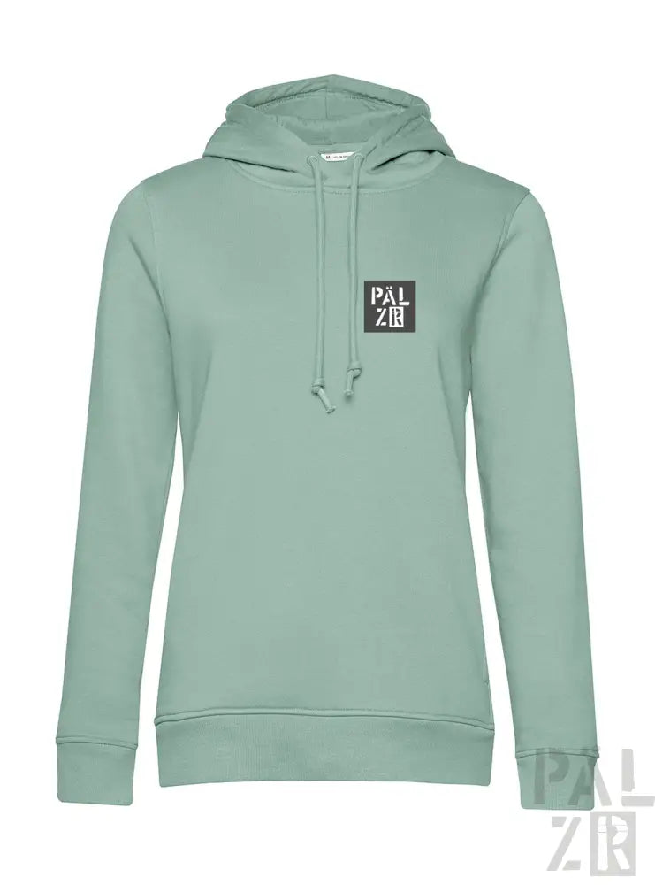 Minzgrüner Hoodie mit ’palzie’-Logo auf der Brust, aus weichem Baumwollmischgewebe.