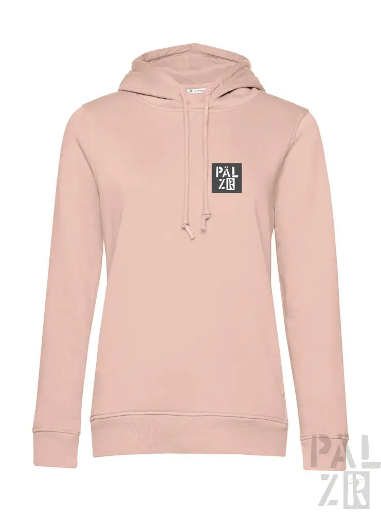 Rosa Hoodie mit schwarzem quadratischem Logo und Kordelkapuze, aus Baumwolle gefertigt.
