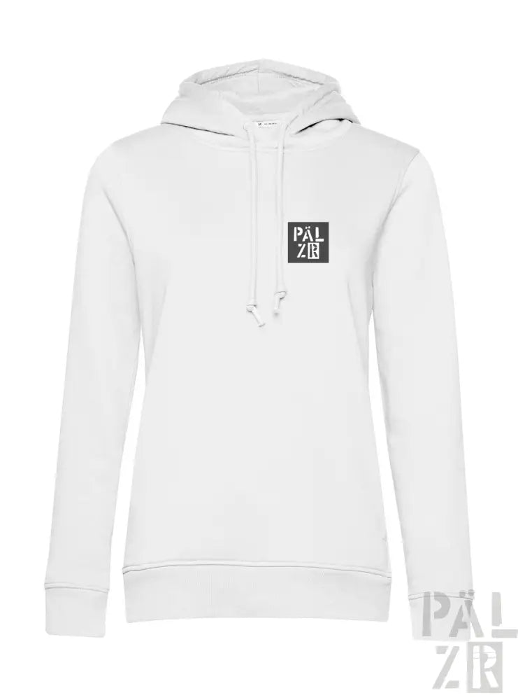 Weißes Hoodie mit schwarzem quadratischem Logo und Kordelkapuze.
