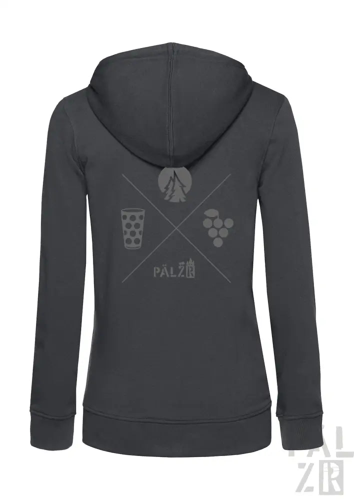 Anthrazitgrauer Reißverschluss-Hoodie mit Wein-Glas- und Trauben-Design, ’palz’-Logo.