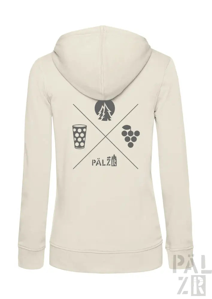 Cremeweiße Kapuzenjacke mit schwarzem Grafikdesign, das ein Bierglas, Trauben und das Wort ’palzib’ in einem X-Muster zeigt.