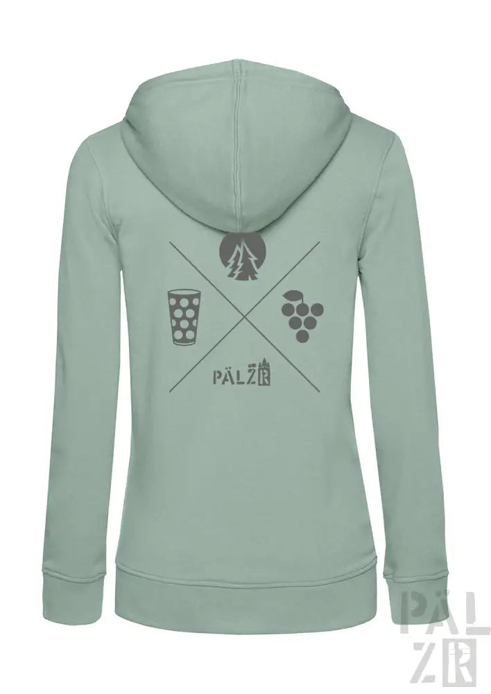 Minzgrüner Reißverschluss-Hoodie mit Bierglas-, Hopfen- und Trauben-Design.