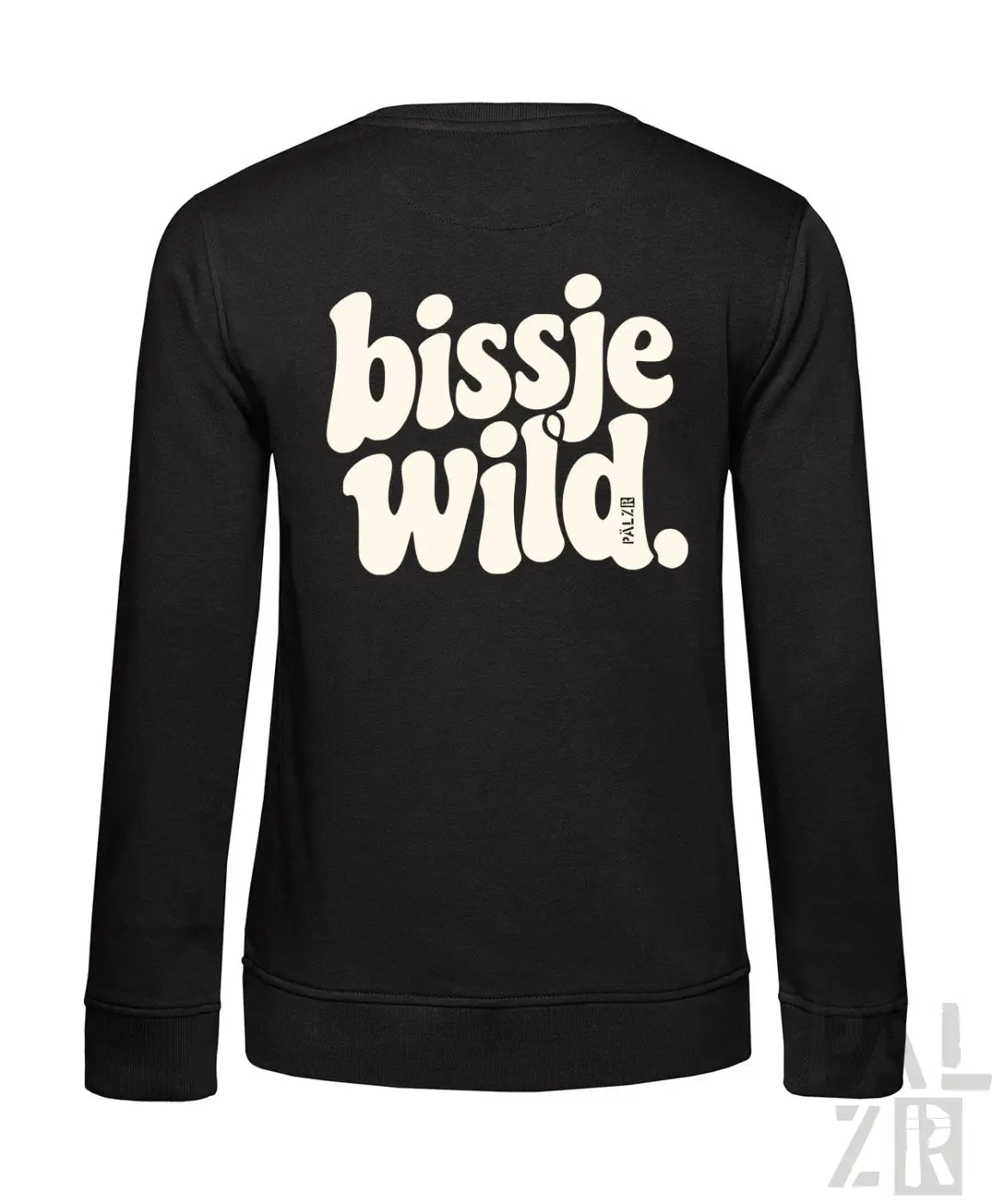 Schwarzer damen sweatshirt aus baumwolle mit langarm und weißem retro print bissje wild auf der rückseite