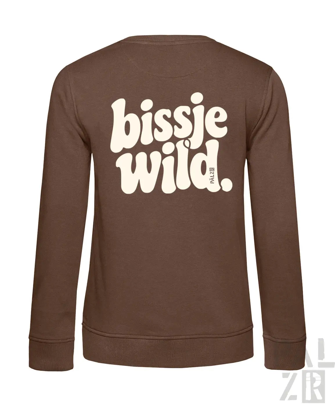 Braunes damen sweatshirt mit langen ärmeln und cremefarbenem bissje wild backprint auf der rückseite