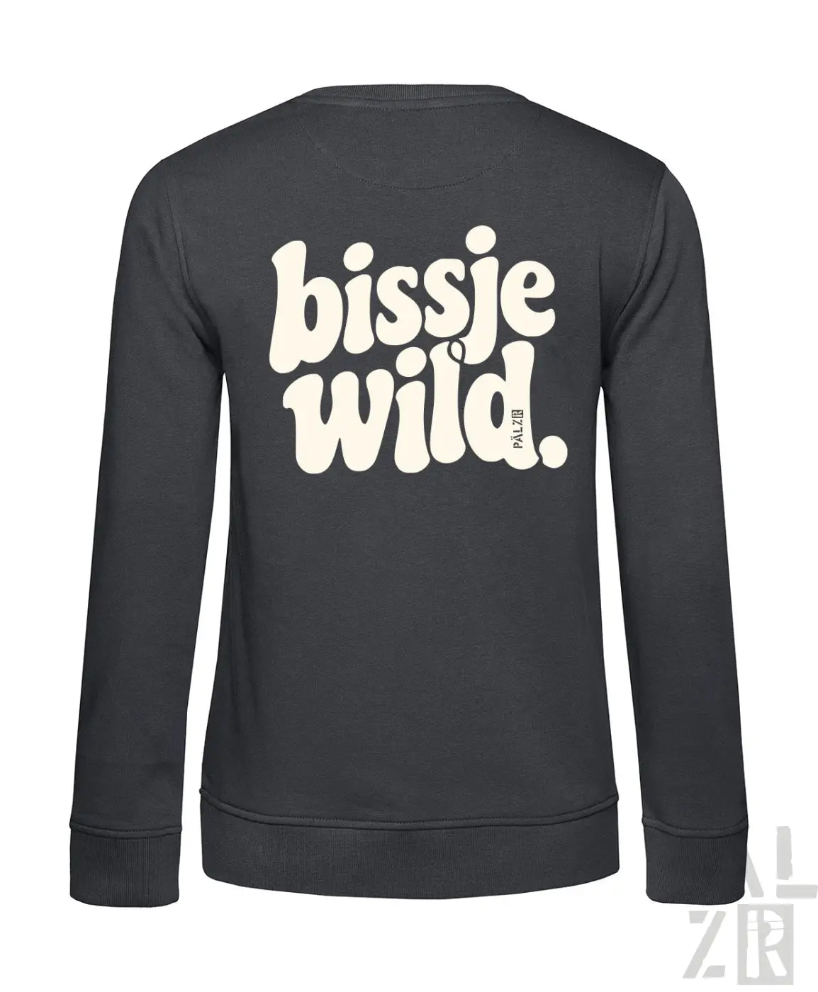 Dunkelgrauer damen sweatshirt mit weißem bissje wild rückendruck in retro schriftstil diverse farben