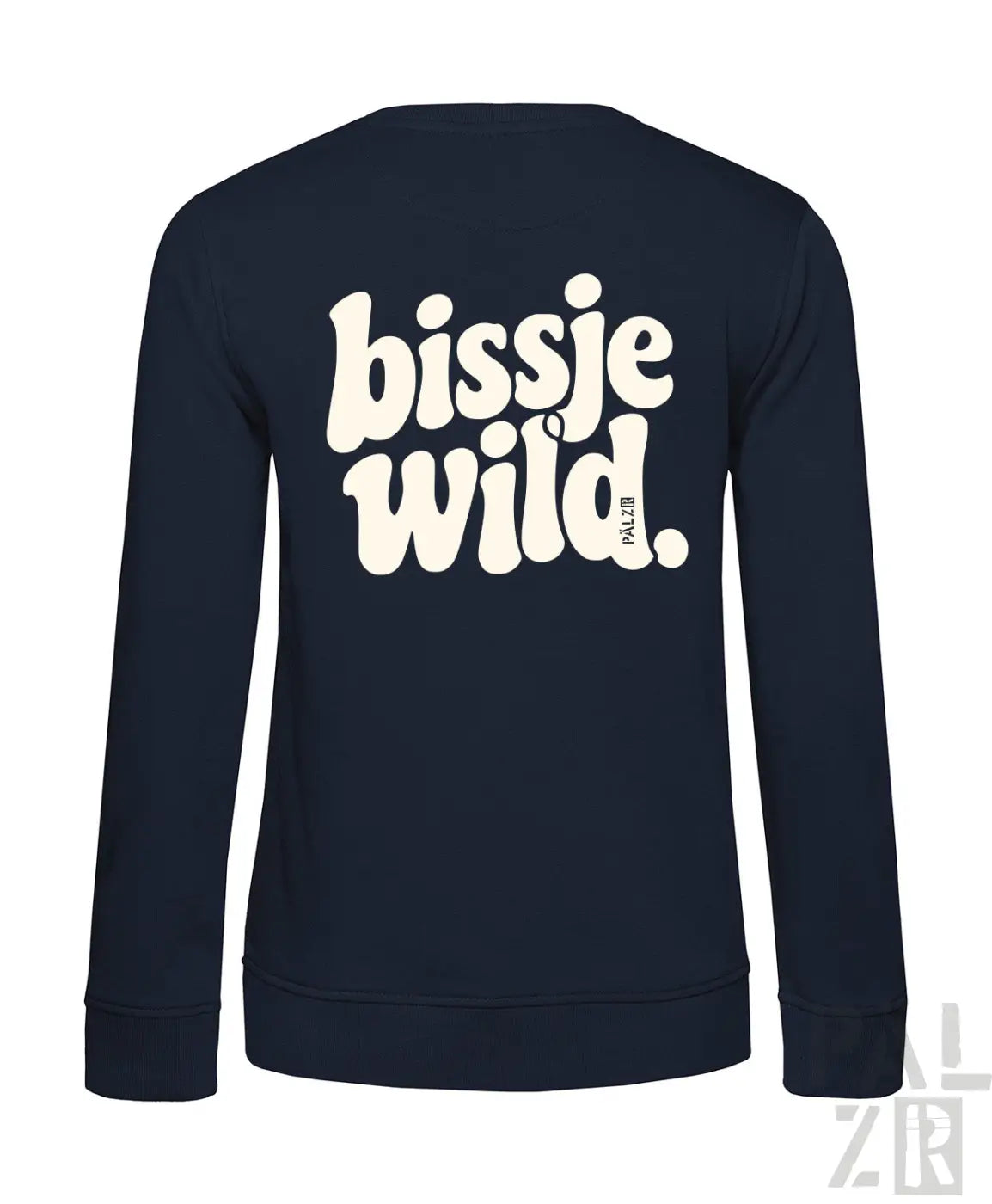Navyblauer damen sweatshirt mit langärmel und weißem retro aufdruck bissje wild auf der rückseite