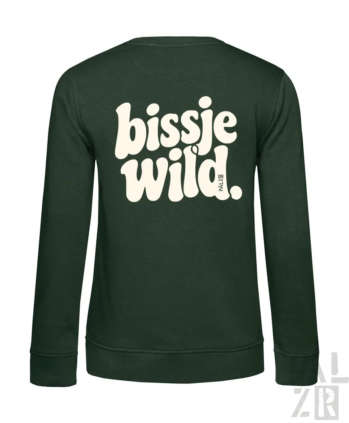 Dunkelgrüner damen sweatshirt aus Baumwolle mit langärmel und weißem bissje wild print auf der rückseite