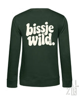 Dunkelgrüner damen sweatshirt aus Baumwolle mit langärmel und weißem bissje wild print auf der rückseite