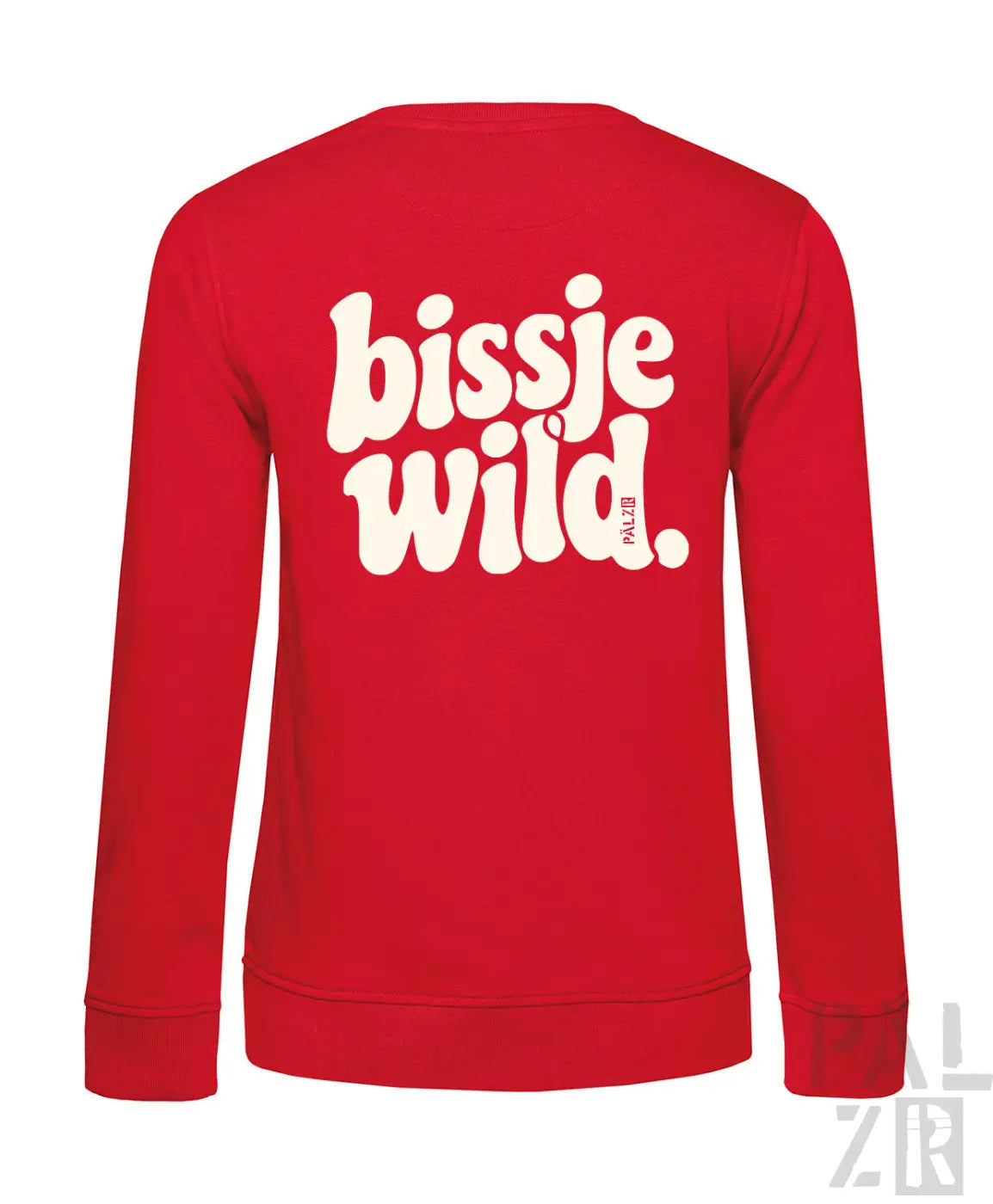 Rote langarm sweatshirt für frauen mit weißem bissje wild backprint in verschiedenen farben