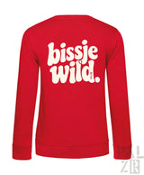Rote langarm sweatshirt für frauen mit weißem bissje wild backprint in verschiedenen farben