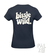 Navyblaues damen t-shirt mit retro weißer beschriftung bissje wild auf der rückseite in verschiedenen farben