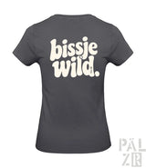 Dunkelgraues damen t-shirt mit retro creamfarbenem bissje wild motiv auf der rückseite in verschiedenen farben erhältlich