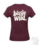 Maroon frauen t-shirt mit retro weißen bissje wild schriftzug auf der rückseite in verschiedenen farben