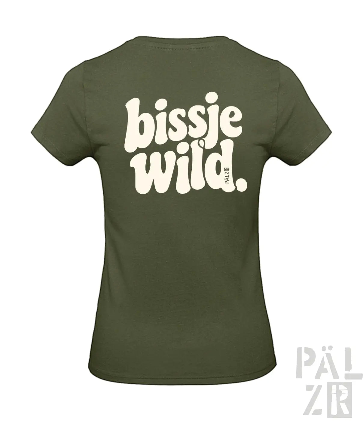 Olivegrünes damenshirt mit retro weißem bissje wild backprint in verschiedenen farben erhältlich