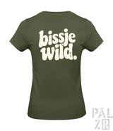 Olivegrünes damenshirt mit retro weißem bissje wild backprint in verschiedenen farben erhältlich