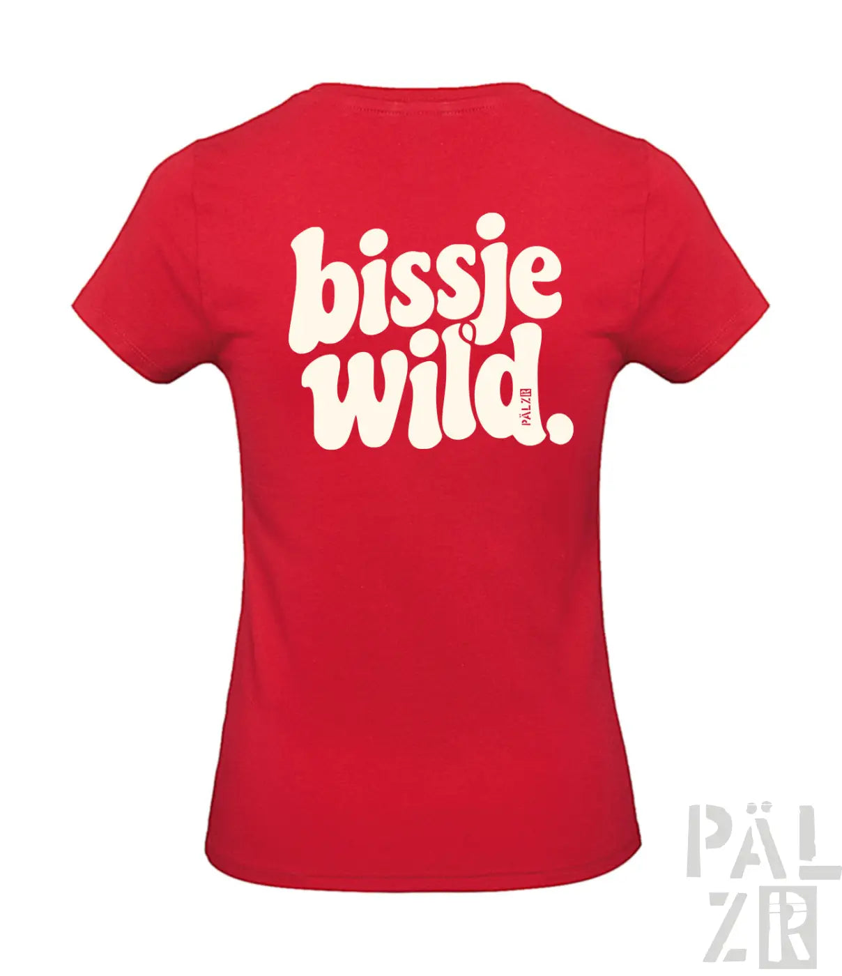Rotes damen t-shirt mit rückendruck bissje wild in retro-schrift, verschiedene farben erhältlich