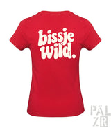 Rotes damen t-shirt mit rückendruck bissje wild in retro-schrift, verschiedene farben erhältlich