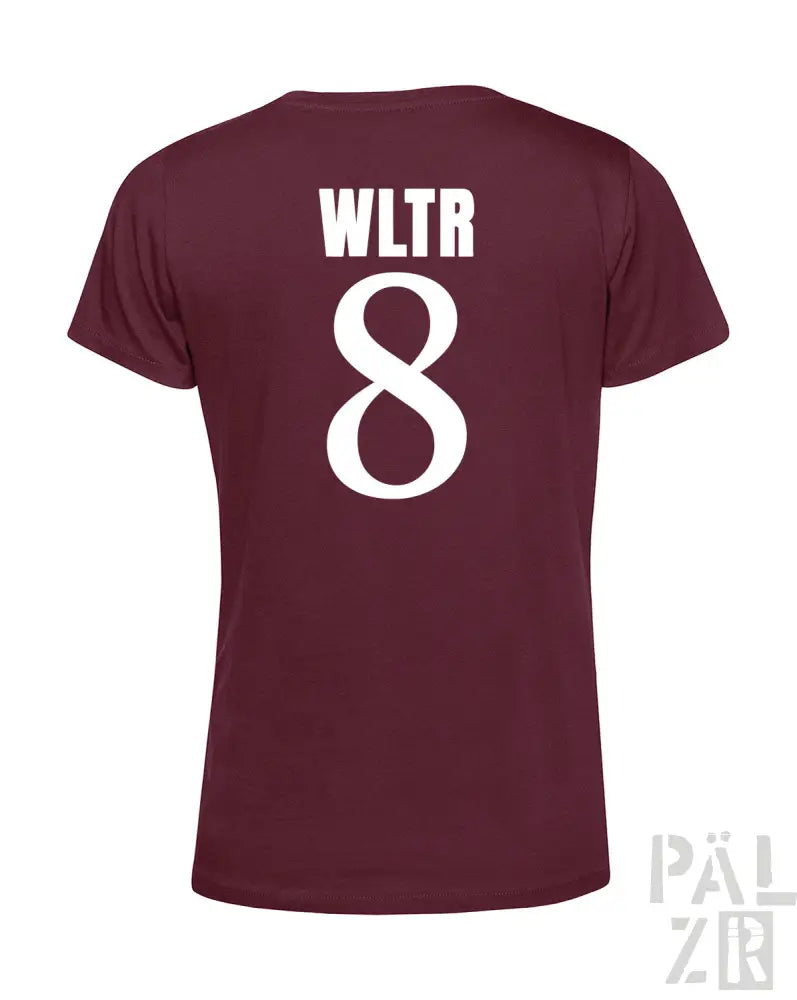 Bordeaux-farbenes T-Shirt mit weißem Text- und Zahlen-Design, das ’wltr 8’’ auf dem Rücken zeigt.